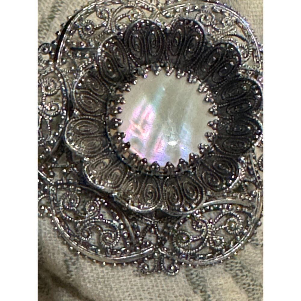 Vintage German Filigree Brooch Mother of Pearl Iridescent Silver Tone Pin 1950s